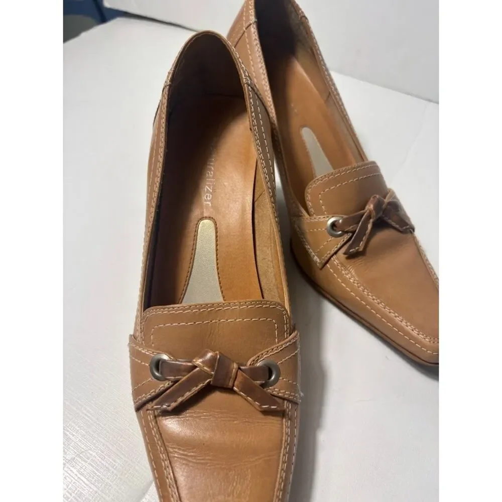 Naturalizer Kitten Heels 7.5 Brown Tan Square Toe Loafer Bow Leather 90s Y2K